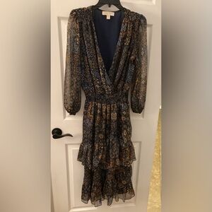 Michael Kors Tiered Ruffle Long Sleeve Wrap Dress - Navy Floral Large